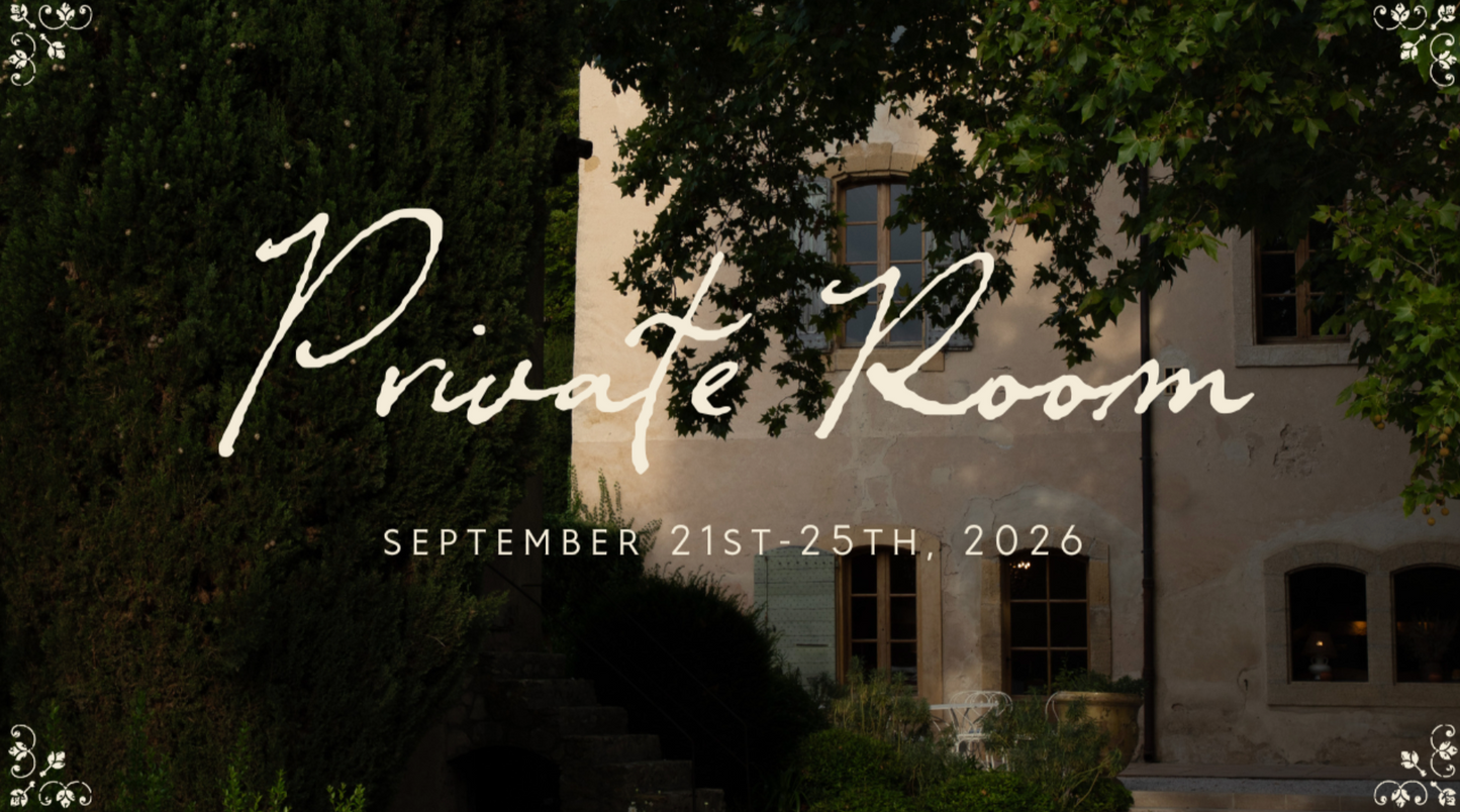 Promotional text for 'Private Room' event with a building and tree in the background
