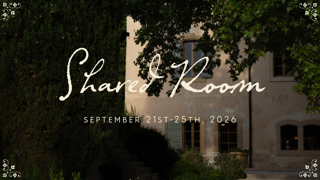 Promotional text for 'Shared Room' event with a building and tree in the background